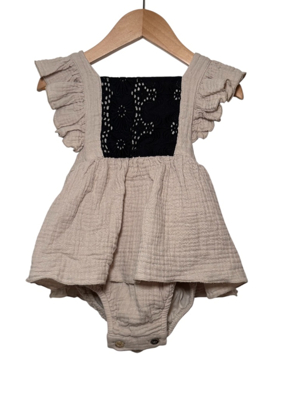 POPELIN cream & black linen & lace skirted romper - size 12-18m